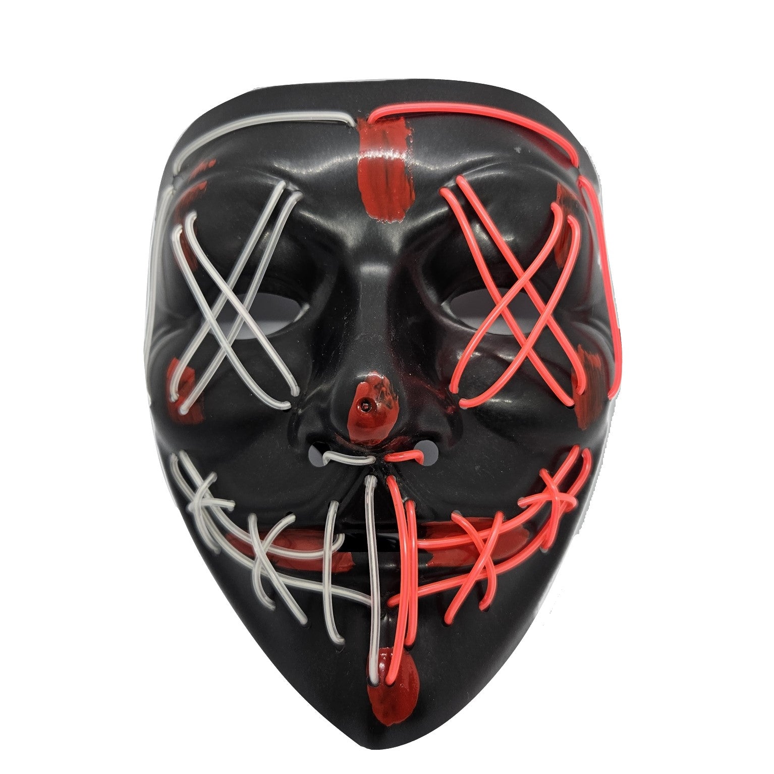 Halloween mask ifrån filmen the purge, masken har en ljusblå och rosa led slinga för munnen och ögonen samt vid pannan